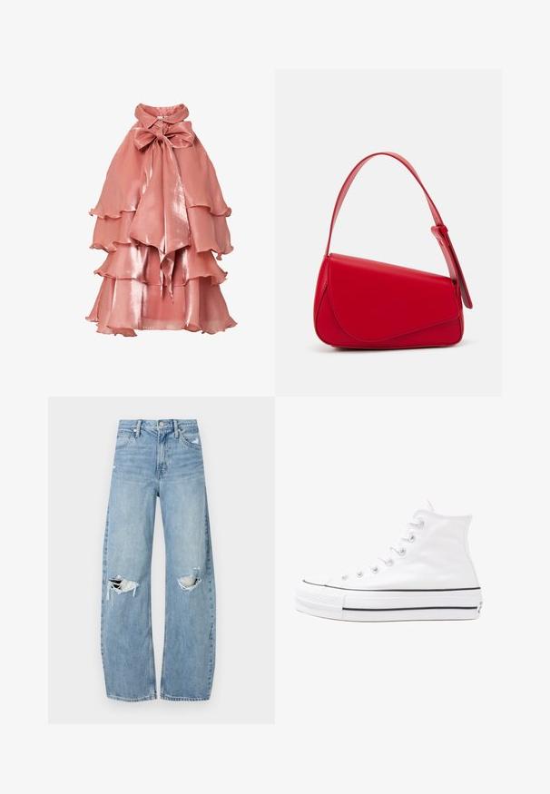 Vestido rosa claro hecho de una tela brillante, que presenta un diseño de volantes en capas, cuello alto y un gran lazo en el cuello.; Vaqueros de mezclilla de tiro alto en azul claro. Tienen piernas anchas, dos áreas desgastadas en las rodillas y un estilo clásico de cinco bolsillos.; Zapatilla de lona alta blanca con suela de goma negra, puntera de goma frontal y seis ojetes para los cordones, que presenta un diseño limpio y minimalista.; Bolso de cuero rojo con un diseño angular y geométrico. Cuenta con una única correa ajustable y un cierre de solapa con detalles de costura.
