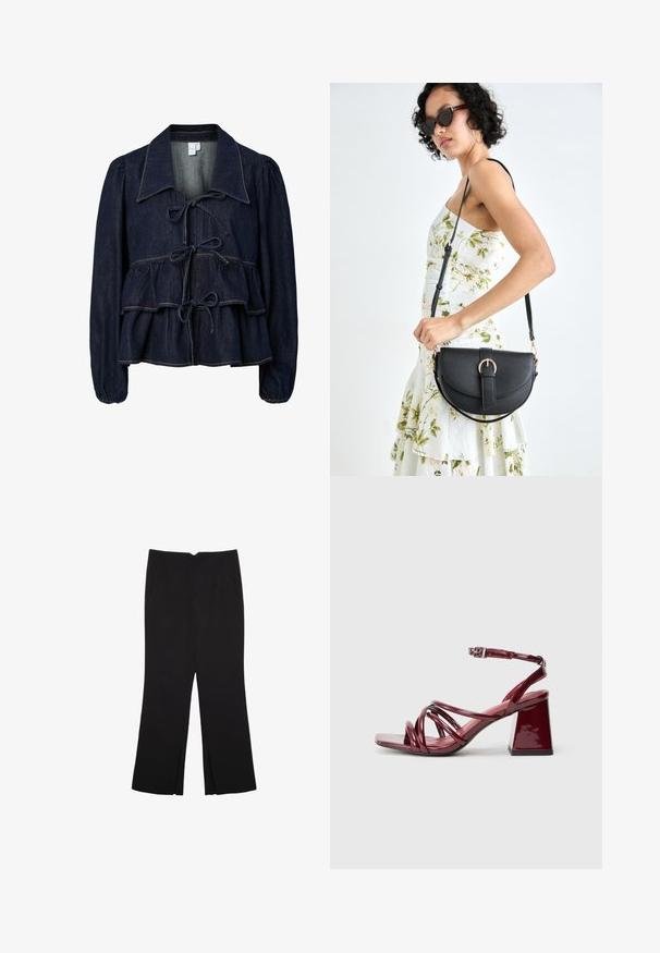 Mörk denimjacka med peplum-silhuett, puffärmar och framknäppning. Påfallande kontrastsömmar och stora kragsdetaljer.; Svarta byxor med rak passform, utrustade med framfickor och sidoklyvningar vid fållen. Tillverkade av mjukt, slätt tyg. Lämpliga för olika tillfällen.; Patentbordeaux klacksandaler med fyrkantig tå, som har flera sammanflätade remmar och en kraftig blockklack. Justerbar ankelrem.; Svart läderhandväska med en böjd form, avtagbar rem och guldiga detaljer. Väskan har ett lock med en spänndetalj.