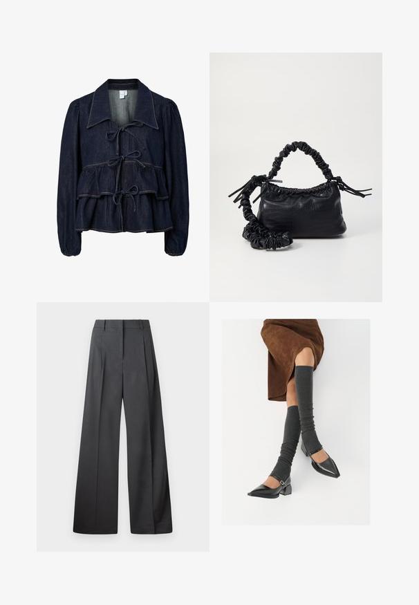Σκούρο τζην μπουφάν με σιλουέτα πεπλούμ, φουσκωτά μανίκια και κορδόνια μπροστά. Σημαντική αντίθεση στη ραφή και μεγάλοι κολάροι.; Φαρδιά παντελόνια από σκούρο γκρι ύφασμα, με ψηλή μέση, μονές πτυχές και λεία υφή με καθαρή τελείωση στις άκρες.; Μαύρες πατεν leather γόβες με αιχμηρή μύτη, τετράγωνη φτέρνα και λουράκι αστραγάλου, συνδυασμένες με γκρι ριγέ ζεστά ποδιές και καφέ σουέντ φούστα.; Μαύρη τσάντα από faux δέρμα με υφή κροκοδείλου, κλειστή στο επάνω μέρος και με ρυτιδωμένο λουρί. Φαίνεται μαλακή και συμπαγής στο σχέδιο.