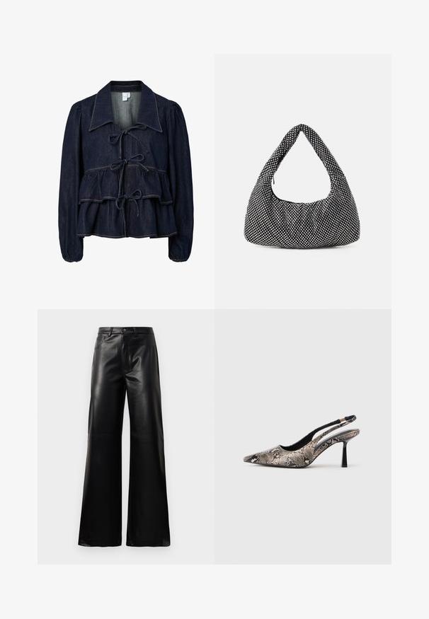 Mørk denimjakke med peplum-silhuett, puffede ermer og frontknytinger. Merker seg kontrastsying og detaljert stor krage.; Sorte høy midje vide ben bukser i imitert skinn med knapp foran, glidelås, beltehemper og sidelommer på hvit bakgrunn.; Pekefotede slingback-sko laget av teksturert slange-print materiale, med en slank svart hæl og et utskjæringsdesign på sidene.; Svart veske med en buet, hobo-form, teksturert stoff med sølvnitter. Enkelt bånd, glidelås lukking, og myk silhuett.