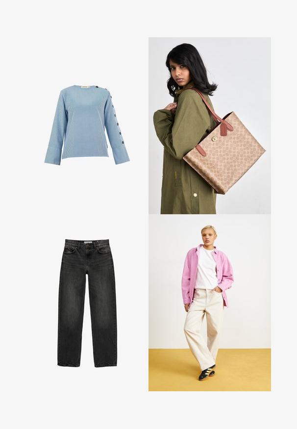 Blusa a righe blu e bianche con scollatura rotonda, maniche lunghe e dettagli con bottoni lungo il lato sinistro. Realizzata in tessuto leggero.; Jeans in denim nero con una vestibilità rilassata, gamba dritta, design a cinque tasche e una texture leggermente sbiadita. Chiusura con bottone e zip nella parte anteriore.; Camicia di velluto a coste rosa sopra una maglietta bianca, abbinata a pantaloni beige a gamba larga e scarpe nere con strisce gialle. Sfondo giallo.; Borsa tote marrone con motivo, rifinita con dettagli e manici in pelle. La borsa presenta una chiusura con zip ed è indossata su una giacca verde.