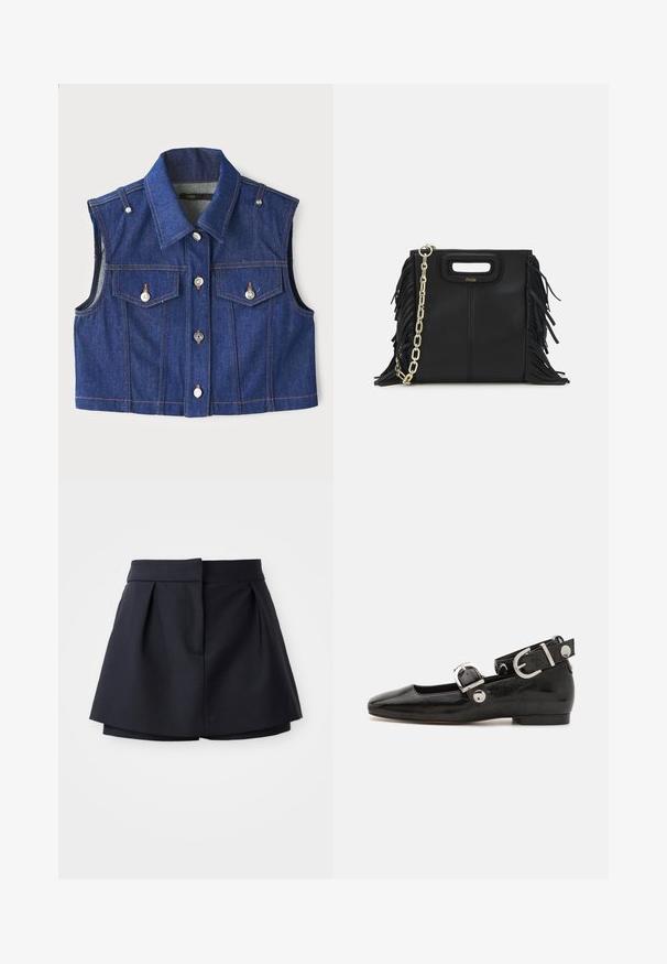 Gilet senza maniche in denim blu con colletto a punta, bottoni a pressione in metallo, doppie tasche sul petto e cuciture arancioni a contrasto.; Polo a coste blu navy con colletto a punta, maniche corte e due tasche frontali con bottoni a scatto; messo in risalto da dettagli in cucitura bianca.; Pantaloni corti plissettati di colore blu navy con vita alta, realizzati in tessuto liscio. Presentano un design aderente e una tasca frontale nascosta.; Scarpa flat in vernice nera con punta quadrata, cinturino alla caviglia con hardware in argento e suola piatta. Texture liscia con design minimalista.; Borsa a tracolla in pelle nera con dettagli a frangia, catena dorata e manico ritagliato. Presenta il logo sulla parte anteriore.