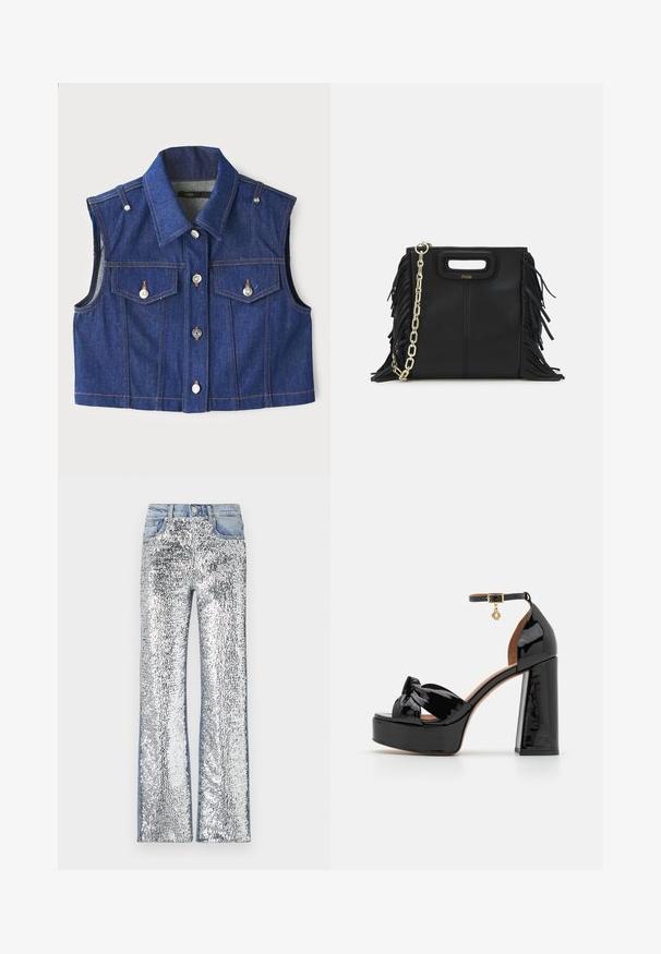 Gilet senza maniche in denim blu con colletto a punta, bottoni a pressione in metallo, doppie tasche sul petto e cuciture arancioni a contrasto.; Jeans argentati con paillettes, caratterizzati da un design a zampa d'elefante, con una cintura in denim e lati, creando una superficie testurizzata e riflettente.; Maje Sandali con tacco - noir; Borsa a tracolla in pelle nera con dettagli a frangia, catena dorata e manico ritagliato. Presenta il logo sulla parte anteriore.