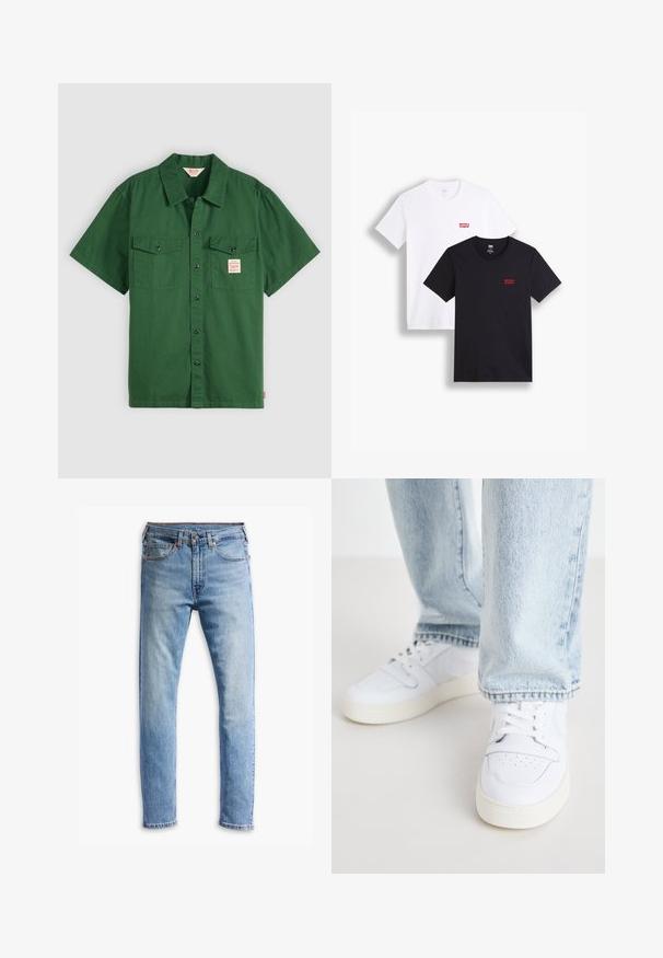 Lyhythihainen vihreä puuvillapaita, jossa on napitus edessä, kaksi rintataskua ja pieni etiketti vasemmassa taskussa. Yksinkertainen, ilman kuvioita.; Kaksi lyhythihaista t-paitaa: yksi valkoinen ja yksi musta. Molemmat puuvillaa, punaisella Levi's-logolla rinnassa. Yksinkertainen pyöreä pääntie.; Vaaleansiniset farkut, joissa on suora leikkaus, viisi taskua, napitus ja hienovaraista haalistumista kankaassa.; Valkoiset nahkakengät matalalla varrella, joissa on reikäkärkinen muotoilu, litteät nauhat ja minimalistinen design. Yhdistetty vaaleansinisiin farkkuihin.