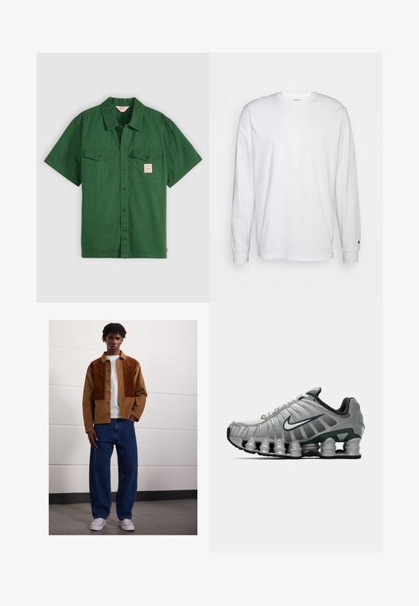 Kortermet grønn skjorte i bomull med knapplukking, to brystlommer og et lite merke på venstre lomme. Ensfarget, uten mønstre.; Hvit langermet T-skjorte laget av bomull. Rund hals-design med ribbestrikkede mansjetter og en liten logo på venstre erme. Glatt tekstur.; Mann som står innendørs iført en brun kordfløyelsjakke med rustfargede flekker, hvit t-skjorte, løse blå jeans og hvite sneakers.; Grå og svart Nike løpesko med synlig fjærlignende demping under sålen og en hvit swoosh-logo på siden.