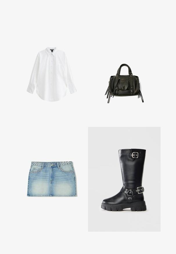 New Look Hemdbluse - white; Weißes Kurzarmoberteil mit rundem Halsausschnitt und lockerer Passform. Aus einem glatten Stoff gefertigt, mit subtiler Textur und klaren Linien.; Denim-Minirock in Hellblau, mit einem genoppten Bund, zwei Fronttaschen und geradem Schnitt mit verblasstem Muster.; Schwarze Lederstiefel bis zur Mitte der Waden mit dicker Profilsohle, zwei silbernen Schnallenriemen – einer oben und einer um den Knöchel.; Schwarze Lederhandtasche mit geflochtenen Griffen, Reißverschlussfach und hängenden Quasten. Strukturiert Oberfläche mit Metallnieten und Hardware-Akzenten.