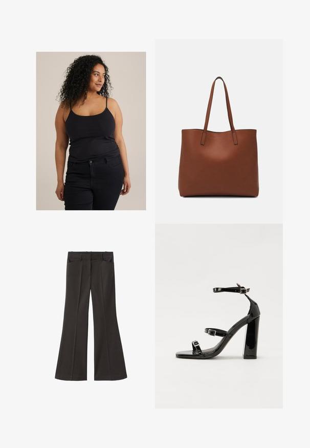 Schwarzes tailliertes Tanktop mit dünnen Trägern, kombiniert mit dunklen Jeans. Der Stoff wirkt glatt und hat einen leichten Stretch. Minimales Design und keine sichtbaren Muster.; Schwarze, weit geschnittene Hosen mit hoher Taille; verfügt über zwei Fronttaschen und eine glatte Stoffoberfläche. Geeignet für verschiedene Anlässe.; Schwarze Lackleder-Sandalen mit hohen Absätzen, zwei Riemen mit Schnallen, quadratischer Zehenpartie und klobigem Blockabsatz, mit einer glatten, glänzenden Textur.; Braune Leder-Tote mit glatter Textur, offenem Oberteil und zwei Schulterriemen. Verfügt über minimale Nähte und keine sichtbaren Beschläge.