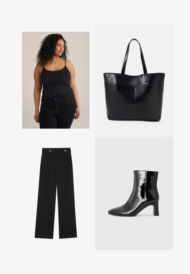 Top tank aderente nero con spalline sottili, abbinato a jeans scuri. Il tessuto appare liscio con una leggera elasticità. Design minimale e senza motivi visibili.; Pantaloni neri a gamba larga con vita alta, dettagli con bottoni in vita e pieghe frontali.; Stivaletto in pelle verniciata nera con punta a punta e tacco a blocco di altezza media. Texture liscia e design minimalista.; Borsa a tracolla in pelle nera con due manici lunghi, una texture liscia e una forma strutturata. Presenta una tasca frontale per ulteriore spazio di archiviazione.