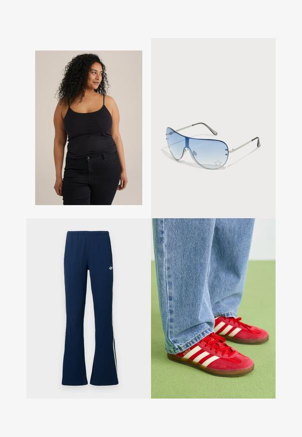 Schwarzes tailliertes Tanktop mit dünnen Trägern, kombiniert mit dunklen Jeans. Der Stoff wirkt glatt und hat einen leichten Stretch. Minimales Design und keine sichtbaren Muster.; Marineblaue, gerippte, ausgestellte Trainingshosen mit weißen Seitenstreifen und einem gestickten Logo auf der linken Seite, ausgestattet mit zwei Seitentaschen.; Rote Wildleder-Sneaker mit drei weißen Streifen, runder Zehenpartie und strukturiertem Profil, kombiniert mit hellblauen Jeans auf einem grünen Hintergrund.; Flugzeugbrille mit einem verlaufenden blauen Glase, silbernem Metallrahmen und dekorativen Sternelementen auf dem Glas. Glattes und elegantes Design.