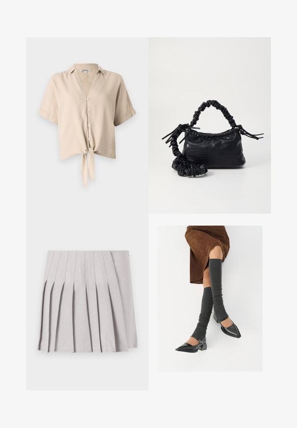 Beige cropped shirt with short sleeves, a vertical collar, button closure, and a tied knot detail at the front. Made of lightweight fabric.; Gray pleated skirt with a smooth texture, featuring multiple vertical folds and a fitted waistline. Made from lightweight fabric.; Black patent leather pointed-toe shoes with a block heel and ankle strap, paired with gray ribbed leg warmers and a brown suede skirt.; Black faux leather handbag with a crocodile texture, cinched top, and a scrunched strap. Appears soft and compact in design.