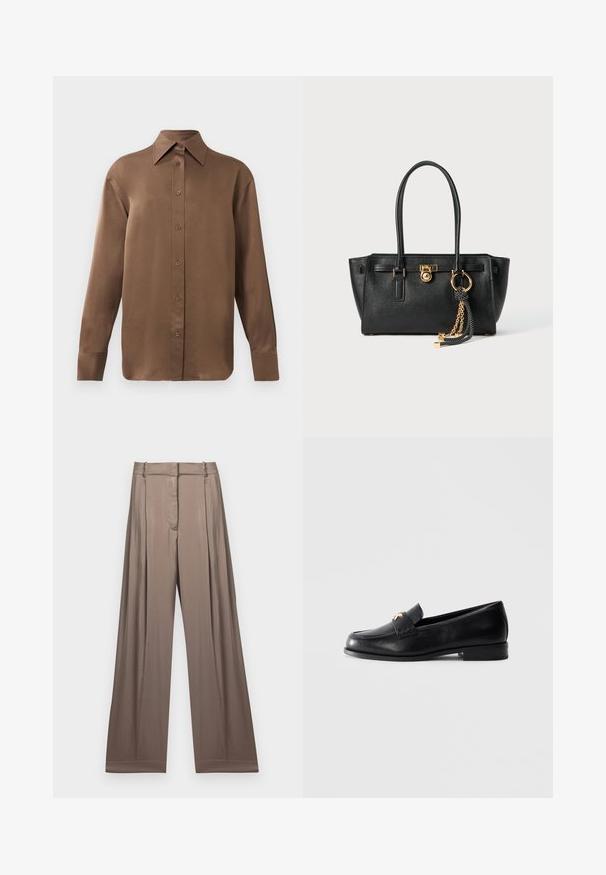 Brun långärmad skjorta med knäppning, spettdetalj på kragen och manschetterna, uppvisad mot en vit bakgrund.; Vit kortärmad t-shirt i bomull med korta ärmar och "MICHAEL KORS"-logotyp i matchande broderad text över framsidan.; Breda byxor i en dämpad taupe-färg, tillverkade av ett slätt tyg med satinfinish. Har en skräddarsydd midja och diskreta veck.; Svarta läder loafers med låg klack och ett gulddekorerat emblem på remmen, visade på en plain ljusgrå bakgrund.; Svart läderhandväska med dubbla handtag, guldlås och kedjedetalj, samt svart-vit tofsaccessoar mot vit bakgrund.
