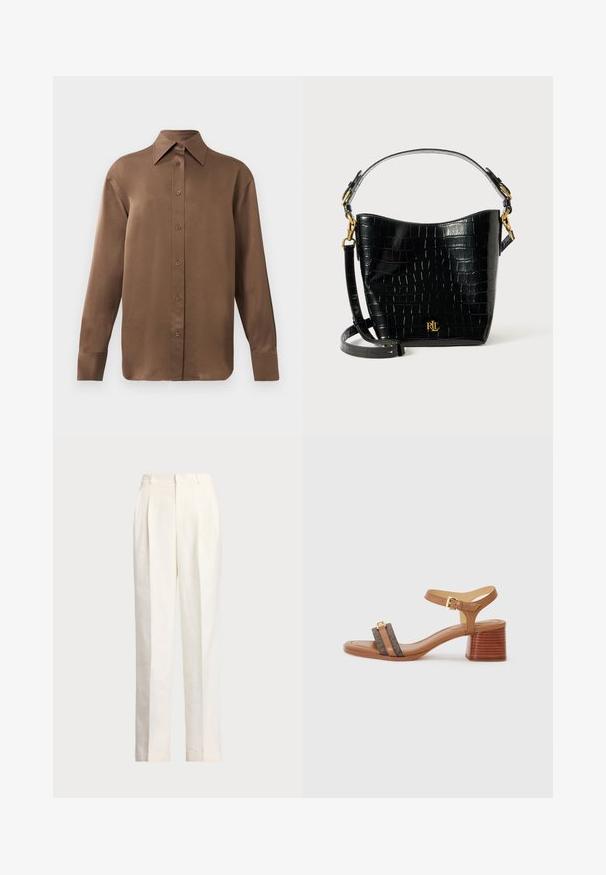 Camicia marrone a maniche lunghe con bottone, colletto e polsini a punta, esposta su uno sfondo bianco uniforme.; Polo Ralph Lauren HEMP WIDE LEG PANT - Pantaloni - nevis; Sandalo con tacco color cammello e punta quadrata, due cinturini marrone scuro e una fibbia dorata. Presenta un tacco a blocco impilato e una texture in pelle liscia.; Borsa in pelle nera con effetto coccodrillo, dalla forma curvata, con dettagli in metallo dorato, una tracolla regolabile e un logo sul davanti.