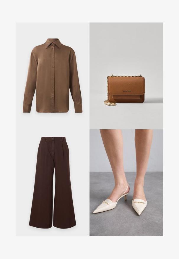 Brown long-sleeve button-up shirt with pointed collar and cuffs, displayed against a plain white background.; High-waist wide-leg brown pants with button and zipper closure, belt loops, and front pleats.; Cream-colored, pointed-toe slingback heels with a slim mid-heel, featuring a gold chain accent on the vamp and smooth leather texture.; Brown textured leather crossbody bag with gold chain strap and flap closure. Front features logo detail and a pocket under the flap.