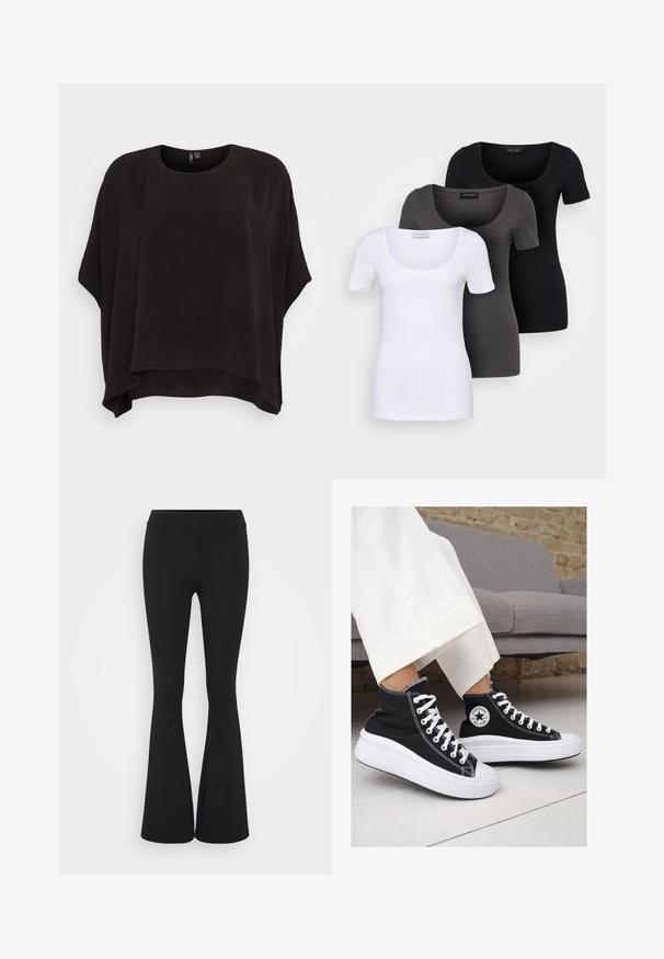 Czarna, luźna bluzka z okrągłym dekoltem, krótkimi rękawami i teksturowanym materiałem. Haft jest nieco dłuższy z tyłu.; Trzy dopasowane koszulki w kolorze białym, szarym i czarnym. Każda z nich ma szeroki dekolt w serek i krótkie rękawy. Wykonana z gładkiego, elastycznego materiału.; Czarne spódnice dzwonowe wykonane z elastycznego materiału, z wysokim stanem i gładką fakturą. Spodnie rozszerzają się od kolana.; Czarne trampki typu high-top z białą gumową podeszwą i sznurowadłami. Posiadają okrągłe logo z boku oraz kontrastujące białe szwy.