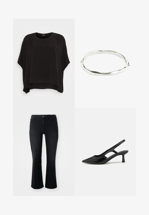 Haut noir ample avec un col rond, des manches courtes et un tissu texturé. L'ourlet est légèrement plus long à l'arrière.; Jean en denim noir avec taille mi-haute, bouton à l'avant, deux poches avant, deux poches arrière et coupe évasée.; Escarpins noirs à talon ouvert avec un embout pointu, fabriqués en matériau brillant, présentant des accents découpés et un talon modéré pour un bon soutien.; Bracelet en métal argenté avec un design ondulé et irrégulier. Surface lisse avec une finition polie, reflétant la lumière. Forme circulaire sans accents visibles.