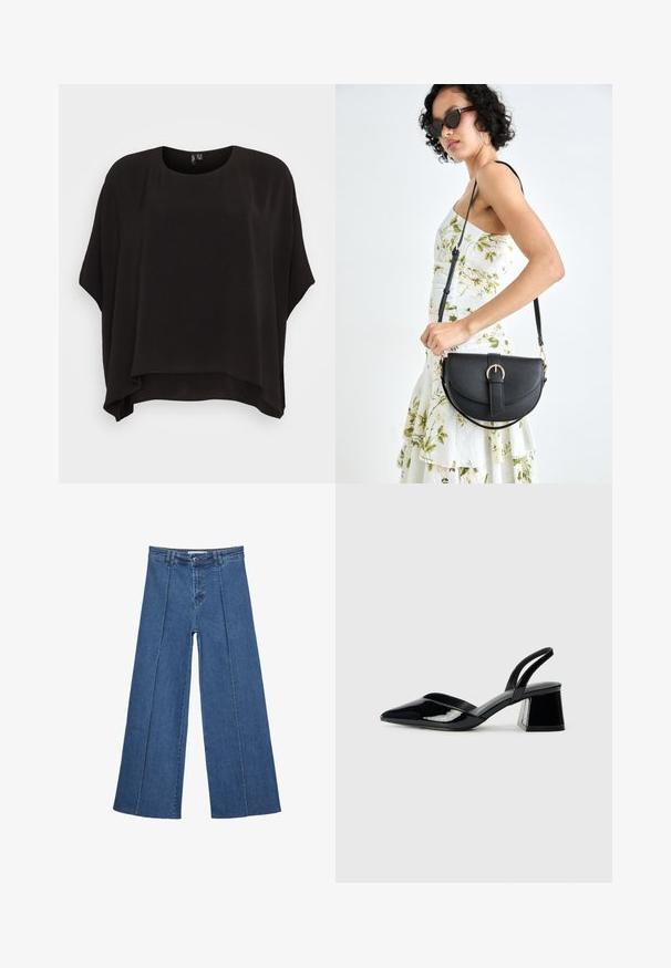 Sort, løstsiddende top med rund halsudskæring, korte ærmer og en tekstureret stof. Kantene er lidt længere bagpå.; Bredde ben denim jeans i mellemblå, med høj talje, knaplukning og kontrasterende lodrette sømdetaljer foran.; Sorte patentlæder slingback hæle med spids tå og en geometrisk blok hæl. Har et elegant, minimalistisk design og en glat tekstur.; Sort læderhåndtaske med en buet form, aftagelig rem og guldfinish. Tasken har en klap med en spænde detalje.