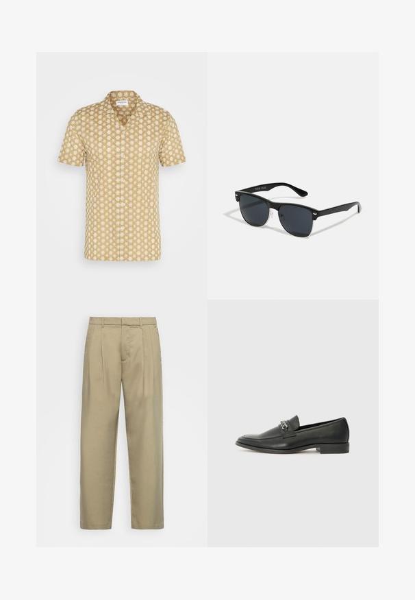 Kurzarmhemd in Beige mit floralem Muster in Weiß. Hergestellt aus leichtem Stoff, mit klassischem Kragen und Knopfleiste.; Beige, hochgeschnittene Hose mit geradem Schnitt, flachem Bund, Seitentaschen und einem glatten, strukturierten Stoff.; Schwarzer Lederloafer mit glatter Oberfläche, ausgestattet mit einer gesteppten Gestaltung und einem dekorativen Metallkettendetail über dem Vorderblatt. Flacher Absatz.; Schwarze Sonnenbrille mit rechteckiger Form, dunklen Gläsern, silbernen Akzenten an den Bügeln und mattierter Oberfläche des Rahmens.
