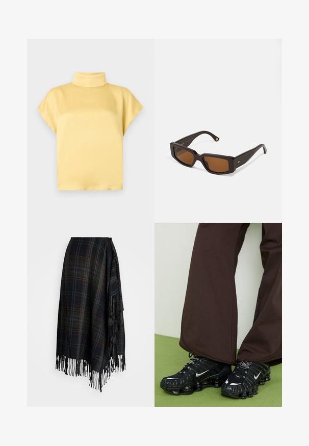 DRYKORN ALARIA - Bluse - yellow; Uldet wrap-skjorte i mørkt ternet mønster med frynset kant. Har nuancer af sort, grøn og blå, med en knyttet lukning på siden.; Sorte Nike sneakers med en struktureret overdel, reflekterende detaljer og en kraftig sål, parret med brune brede bukser på et grønt gulv.; Rektangulære brune solbriller med en mørkebrun plastikramme. Har brunt tonede linser og guldaccent på stangen.