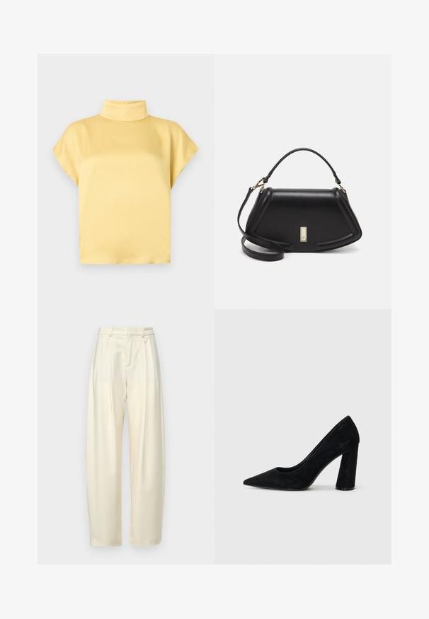 DRYKORN ALARIA - Bluse - yellow; Plisserede, højlivede bukser i let cremefarvet stof. Har en lige pasform og en glat tekstur. Ingen lommer eller synligt hardware.; Sorte ruskinds højhælede pumps med spids tå og bred hæl. Slankt design, glat tekstur og minimalistisk stil. Ingen synlig branding.; Sort læderhåndtaske med en struktureret design, der har en kortet form, tophåndtag og guld hardware-accenter. Justerbar skulderrem inkluderet.