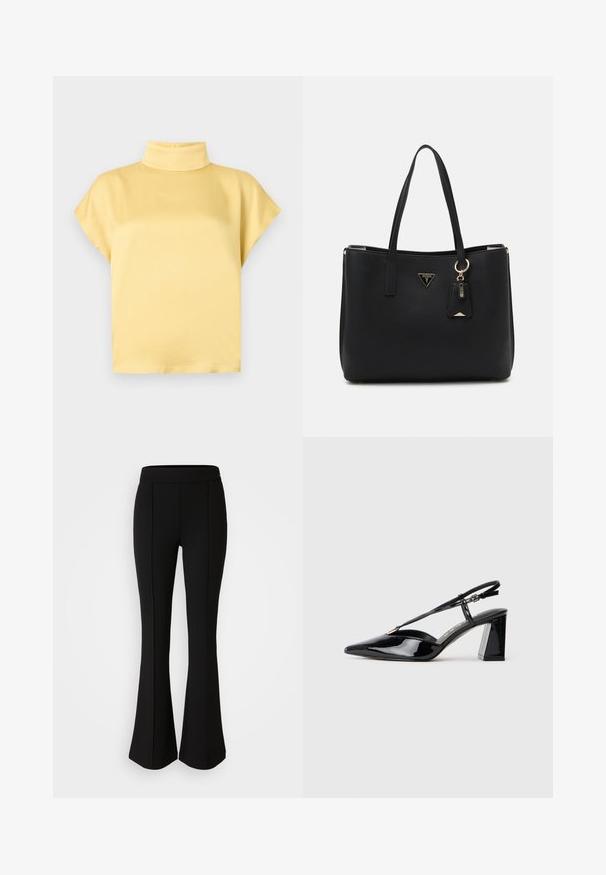 DRYKORN ALARIA - Bluza - yellow; Črne razširjene hlače iz raztegljivega materiala z gladko teksturo, ki imajo šive spredaj za dodatno oblikovanje.; Črne lakirane slingback visoke pete z ostrim nosom, nastavljivim trakcem in debelim pravokotnim peto.; Črna torba iz teksturiranega sintetičnega materiala, opremljena z dvema ročajoma, z zlatim logotipom in majhno oznako z detajlom v kontrastni barvi.