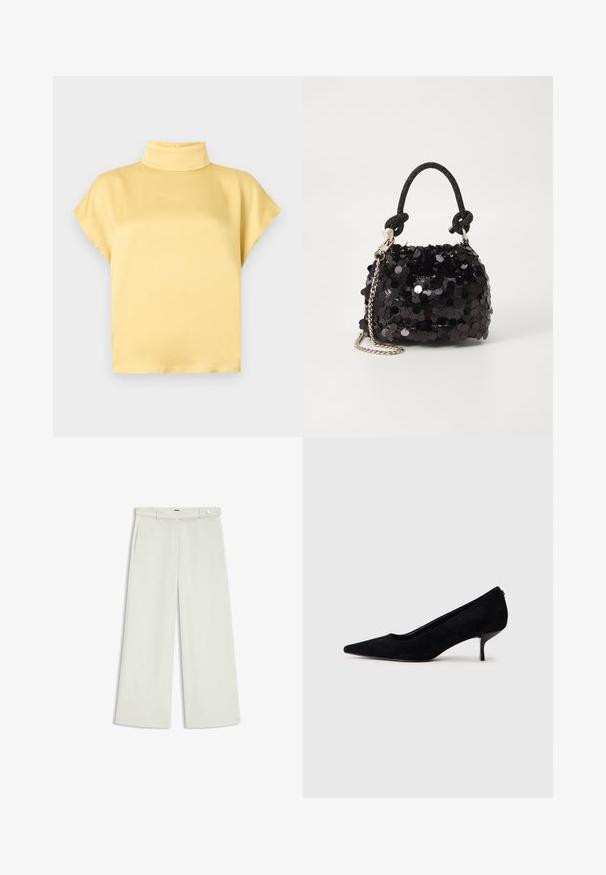 DRYKORN ALARIA żółty; Spodnie szerokie w jasnym kremowym kolorze, z bocznymi kieszeniami, płaskim przodem i pojedynczym zapięciem na guzik w talii. Gładka faktura.; Czarny zamszowy but na wysokim obcasie z wydłużonym noskiem i smukłym, niskim obcasem. Gładka tekstura z eleganckim wzornictwem, bez widocznych elementów metalowych.; Czarna mini torebka z cekinami, z węzłowym, teksturowanym paskiem i srebrnym łańcuchem. O zaokrąglonym kształcie z marszczoną górą i refleksyjnymi detalami.