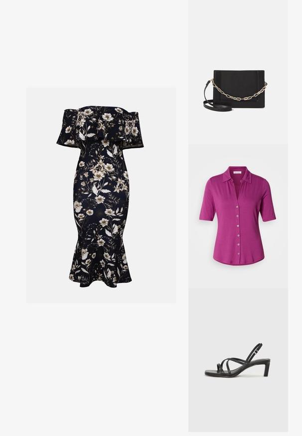 Fuksijas krāsas īssleeve krekls ar apkakli, ar pogu aizdari un gludu, vieglu struktūru.; Kleita līdz grīdai ar atvērtām plecu daļām, jūras zila ar baltu un zelta ziedu rakstu. Pieguļošs siluets ar izplestu apakšmalu, izgatavota no gludas, elastīgas auduma.; Melnas strappy sandales ar kvadrātveida purngaliem un zemu bloku papēdi. Ievērojamas ar vairākiem plāniem siksniņām un regulējamu potītes siksniņu. Izgatavotas no gludas ādas.; Melna ādas crossbody soma ar gludu faktūru, taisnstūrveida formu un metalizētu ķēdes detaļu priekšā. Iekļauta regulējama siksna.