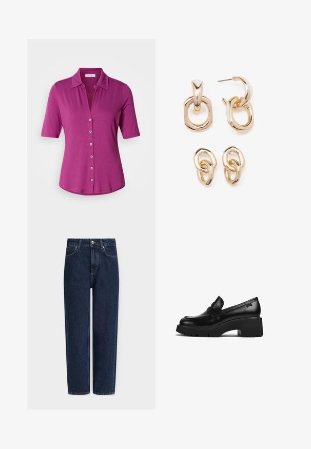 Fuksijas krāsas īssleeve krekls ar apkakli, ar pogu aizdari un gludu, vieglu struktūru.; Tumši zili džinsa džinsi ar taisnu kāju, augstu vidukli, sudraba metāla detaļām, priekšējām kabatām un smalkām šuvju detaļām. Klasisks piecu kabatu dizains.; Melnas ādas chunky papēža loafers ar biezu zoli un siksniņas detaļu pāri augšai, attēlots no sāna uz baltas fona.; Zelta toņa auskari ar ģeometrisko formu maisījumu: kvadrāts, aplis un saistīti ovālie dizaini ar pulētu apdari.