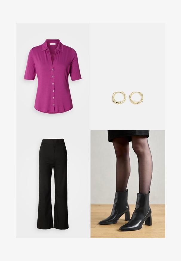 Camisa fúcsia de mangas curtas com gola, apresentando um fecho com botões e uma textura suave e leve.; Calças largas pretas com uma textura suave, cintura alta e um design clean. Sem bolsos visíveis ou adornos.; Botas de tornozelo em couro preto com bico fino, salto quadrado robusto e design elegante. Apresenta painéis laterais elásticos para facilitar o calçar.; Brincos de argola dourados com um formato irregular e texturizado. Apresentam um fecho sem emenda e um acabamento polido, destacando um design moderno.