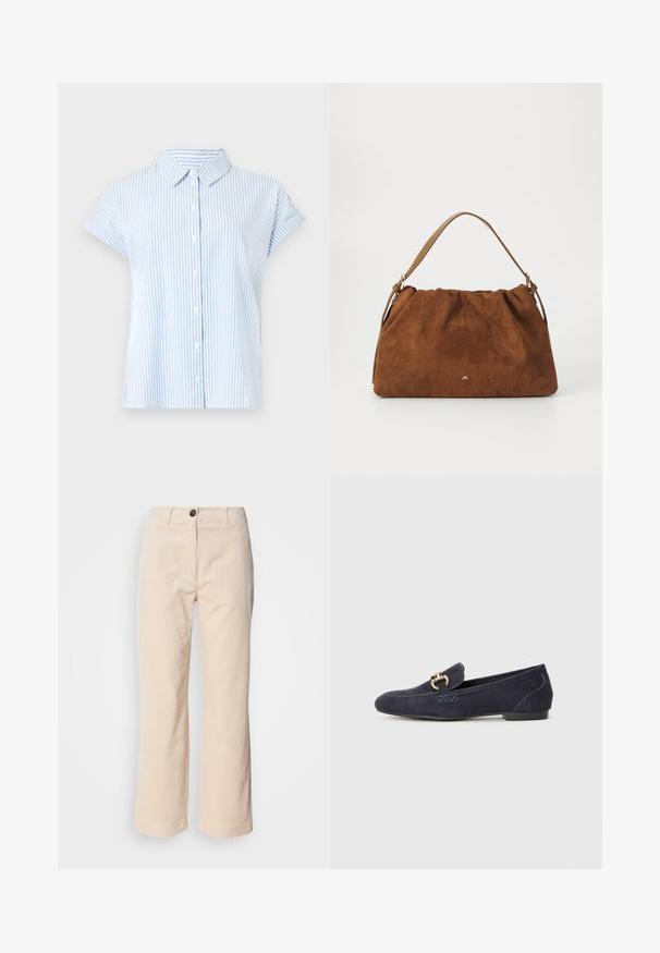 Šviesiai mėlyna ir balta juostuota trumpomis rankovėmis marškinėliai su mygtukais. Audinys yra lygus; turi klasikinį apykaklę ir laisvą siluetą.; Bežiniai kordūro marškiniai su tiesiomis kojomis, priekinis sagtys uždarymas ir šoniniai kišeniai, matomi ant baltos fono.; Tamsiai mėlyna zomšinė loafer tipo avalynė su apvaliu pirštu, pabrėžiančia dekoratyvią metalinę grandinėlę ir žemu kulnu su kontrastingais siuvinėjimo akcentais.; Ruda zomšos rankinė su susiraukšlėjimu, turinti vieną šviesiai rudos odos rankeną ir subtilų auksinį logotipo detalę priekyje.