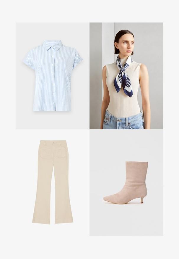 Camisa de botão de manga curta em azul claro e listras brancas. O tecido tem uma textura suave; apresenta um colarinho clássico e um corte descontraído.; Calças bege boca de sino com uma cintura alta, feitas de tecido de algodão. Apresentam bolsos frontais e traseiros, passantes para cinto e um único botão prateado.; Bota de tornozelo em camurça bege com bico fino e um pequeno salto kitten. Textura suave com uma silhueta elegante e design minimalista.; Cachecol de seda em azul marinho e branco com um padrão geométrico em zigzag. Textura suave, amarrado cuidadosamente ao redor do pescoço, complementando uma blusa com nervuras.; Bolsa de ombro em pele castanha com uma textura suave, forma arredondada, alça larga e um detalhe metálico circular na pega.