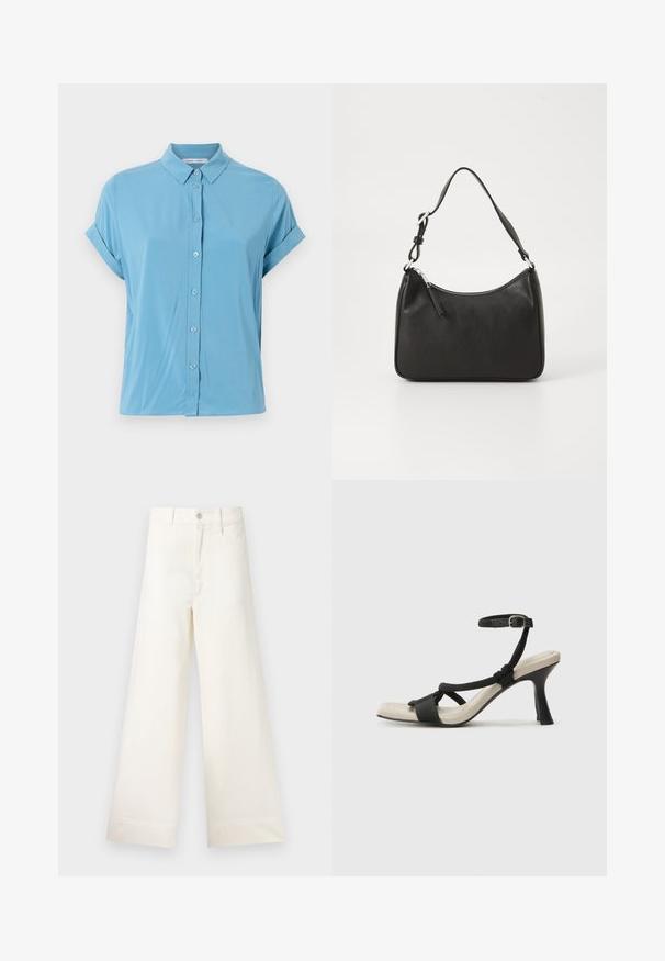 Light blue short-sleeve button-up shirt with a collar, featuring a smooth texture and rolled sleeves, made from soft fabric.; Wide-leg trousers in light beige cotton. Features a high waist, front pockets, and a straight cut. Clean hem finishing without patterns.; Black heeled sandal with braided strap design, square toe, and adjustable ankle strap. Light beige footbed with a glossy black heel.; Black leather handbag with a curved shape, a single strap, zip closure, and subtle branding on the front. Smooth texture, minimalist design.