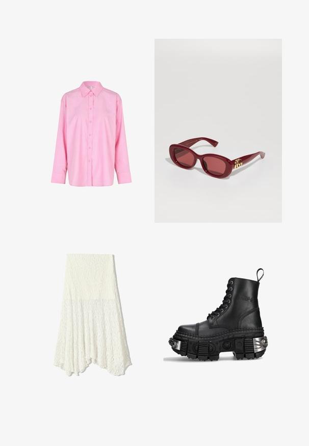 Pink long-sleeve button-up shirt with a collar, featuring a classic cut, smooth texture, and front button closure.; White lace skirt with a textured pattern, featuring an asymmetrical hemline and a flowing silhouette, made from lightweight fabric.; Black leather combat boot with high top, round toe, thick textured sole, silver hardware accents, and distinctive tread pattern.; Red plastic sunglasses with rectangular frames, tinted lenses, and a gold logo accent on the temples. Smooth, glossy finish.