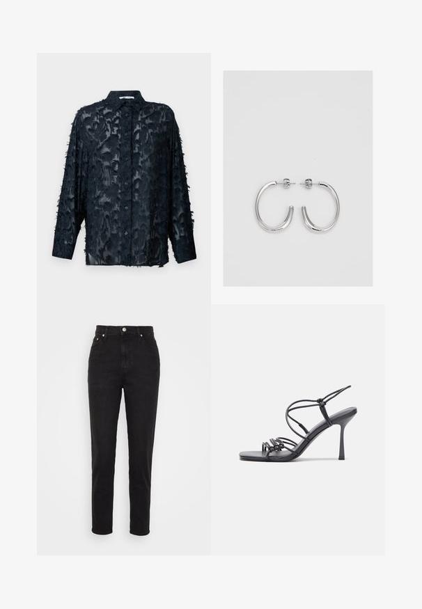 Camicia nera trasparente con un motivo testurizzato, dotata di colletto classico, maniche lunghe e chiusura con bottoni. I bordi presentano dettagli sfilacciati.; Jeans neri a vita alta slim-fit con bottone frontale, passanti per cintura e design a cinque tasche su sfondo bianco.; Sandali neri con tacco alto presentano sottili cinturini con design annodato, una punta quadrata liscia e un elegante tacco a spillo.; Orecchini a cerchio in argento con una finitura liscia e lucente. Forma arrotondata, design leggero, con chiusura a perno.