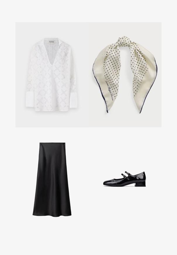Bílá košile s dlouhým rukávem a hlubokým výstřihem do V, s diamantovým vzorem a texturovanou tkaninou. Štítek zní "TOVE."; Černá saténová sukně s hladkým povrchem, siluetou do A a střední délkou. Obsahuje bezešvý pas a plynulé splývání.; Černé lakované Mary Jane boty s nízkým blokovým podpatkem, dvojitým páskovým designem a kulatými kovovými přezkami. Hladký, lesklý povrch.; Hedvábný šátek s krémovým pozadím a námořnickými puntíky, uvázaný uprostřed; námořnický okraj; zahrnuje text "Lauren Ralph Lauren."; Krémová kožená kabelka s půlměsíčním tvarem, zlatými kovovými detaily, černými akcenty a odnímatelným popruhem. Obsahuje řetízkový detail a visačku.