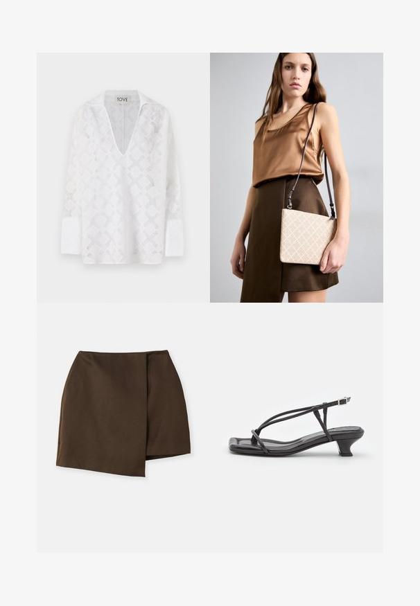 Balta ilgomis rankovėmis marškinėliai su giliu V formos iškirpimu, turintys deimanto raštą ir tekstūruotą audinį. Etiketėje užrašyta "TOVE."; By Malene Birger RAYE - Trapecinis sijonas - dark mahogany; Juodas odinis šlepetės su plonomis dirželiu, mažu blokuoju kulnu ir kvadratiniu pirštu. Yra sagties uždarymas ir lygus paviršius.; Kreminės spalvos kryžminio maišo su tekstūruota paviršiumi, turinčio deimanto raštą ir ilgą, reguliuojamą diržą. Lygus paviršius, stačiakampio formos.