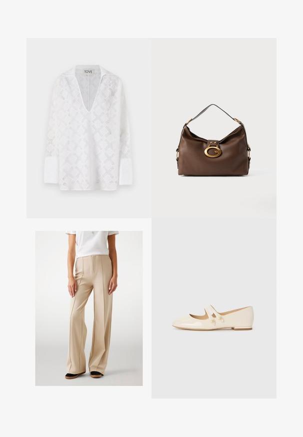 Bela srajca z dolgimi rokavi in globokim V-izrezom, z diamantom vzorcem in teksturirano tkanino. Oznaka pravi "TOVE."; Bež hlače širokega kroja iz gladkega materiala, z všitkami spredaj in visokim pasom. V kombinaciji z črnimi in rjavimi ravnimi čevlji.; Ivory patent usnjeni baletni čevlji s dvema dekorativnima trakama in zlatimi gumbi, z zaobljenim prstom in nizko blok peto.; Rjavo usnjeno ročna torbica z teksturirano površino, ki ima zlato toniran zaklep in en sam, ukrivljen naramnico.