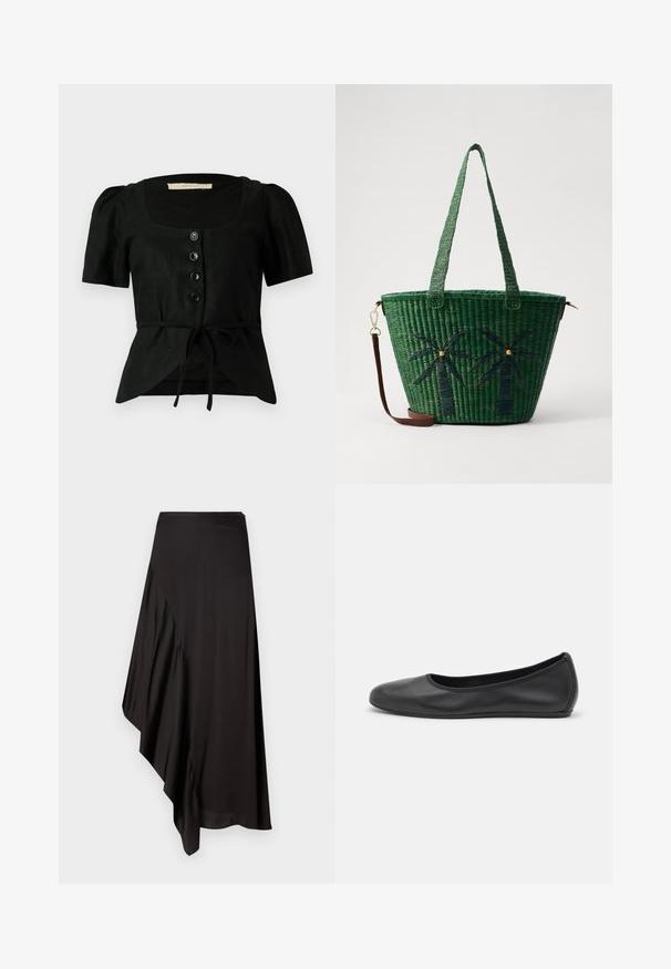 Černá lněná blůza s krátkými nabíranými rukávy, čtveratým výstřihem, pěti černými knoflíky vpředu a stahováním v pase. Texturovaná látka.; AERON ASTER SKIRT - Pouzdrová sukně - black; Černé kožené baletní byty s kulatou špičkou, hladkou texturou, minimálními švy a flexibilním designem podrážky.; Zelená tkaná taška přes rameno s motivy palem v tmavě zelené; obsahuje dva ucha a odnímatelný hnědý kožený popruh.