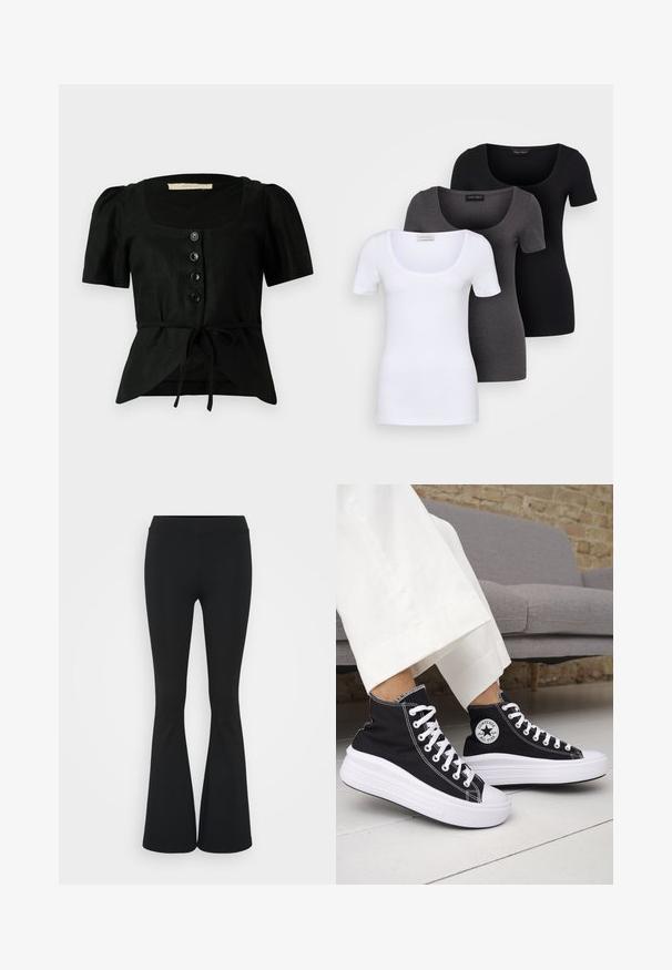 Crna lanena bluzica s kratkim napuhanim rukavima, kvadratnim izrezom, pet crnih dugmadi sprijeda i vezanjem u struku. Teksturirana tkanina.; Tri fitted T-shirtovi u bijeloj, sivoj i crnoj boji. Svaki ima široki izrez na vratu i kratke rukave. Napravljen od glatkoga, rastezljivog materijala.; Crne trapezaste hlače od rastezljivog materijala, sa visokim pojasom i glatkom teksturom. Hlače se šire od koljena.; Crne tenisice visoke košarke s bijelim gumenim potplatom i vezicama. Imaju okruglu logotipsku zakrpu i kontrastni bijeli šav. Materijal od platna.