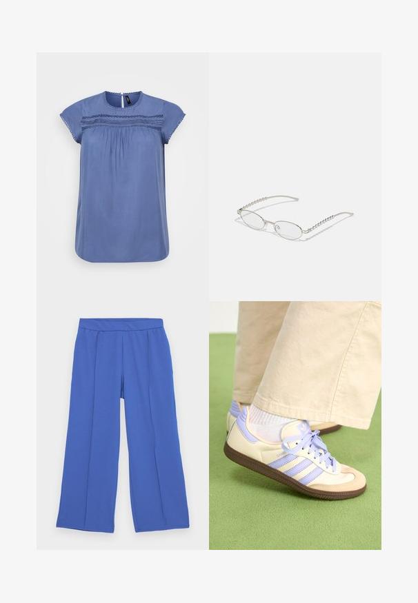Blouse bleue à manches courtes avec un col rond, des détails froncés et des coutures décoratives sur la poitrine. Tissu lisse et coupe décontractée.; Pantalons à jambes larges en tissu doux et extensible de couleur bleu vif. Dotés d'une taille plate et de deux plis à l'avant pour un détail de conception supplémentaire.; Baskets crème et lavande avec trois bandes et une semelle marron texturée, dotées de lacets et d'un talon rembourré. Tige en tissu doux.; Lunettes ovales avec une monture métallique argentée, verres transparents et accents de branches texturées avec perles. Design léger avec des branches courbées.
