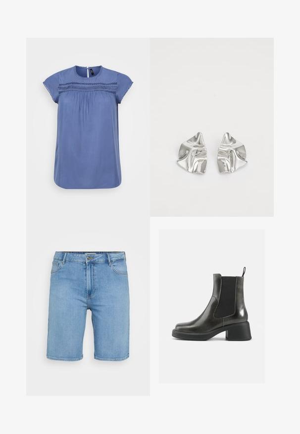 Blå kortärmad blus med rund halsringning, rynkdetaljer och dekorativ sömnad över bysten. Slätt tyg och avslappnad passform.; Ljusblå denimshorts med klassisk skärning, med en framknäppning, bälteshällor och två sidofickor. Slät textur och rak fåll.; Svarta läderankelboots med en slät yta, elastiska sidopaneler och en kraftig klack. Har en dragflik för enklare påtagning.; Silverfärgade metallörhängen med en vågig, skulptural design som har en polerad yta och oregelbundna former, vilket framhäver en samtida estetik.