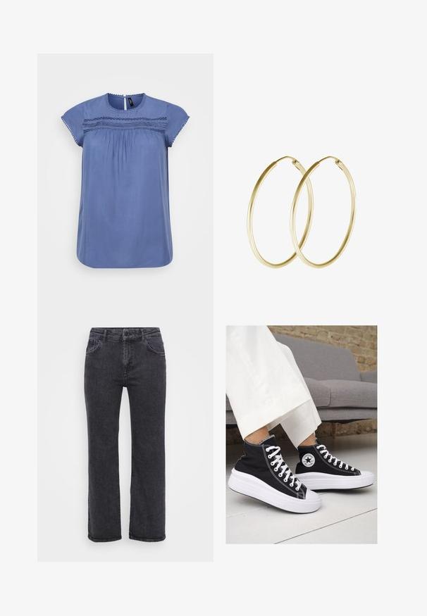 Sinine lühikeste varrukatega pluus ümmarguse dekoltee, kogumise detailide ja dekoratiivse õmblusega rindade kohal. Sile kangas ja mugav lõige.; Mustad teksased mustast denimist, sirge jala disainiga, viie tasku ja nupuga kinnitusega. Kanga tekstuur on veidi kulunud ja tugev õmblus.; Mustad musträgiga kõrge vars sneakerid valgete kummist tallade ja paeltega. Küljel on ringikujuline logo ja kontrastne valge õmblus.; Kuldne rõngaskõrvarõngad, millel on sujuv ja ümar disain, ning läikiv viimistlus. Kerge konstruktsioon koos kindla klambriga.