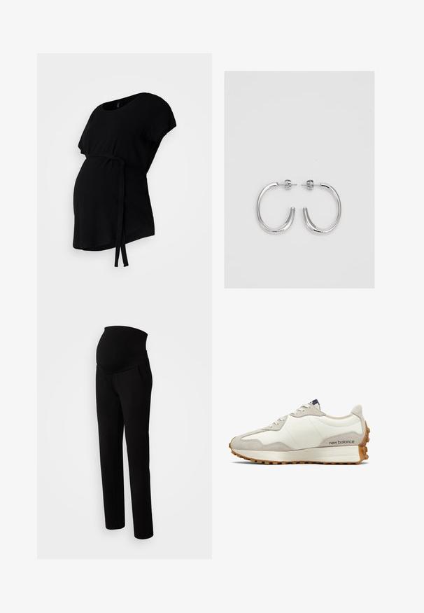 Crna majica za trudnice s kratkim rukavima, okruglim izrezom i remenom na struku za prilagodljiv fit. Glatka tekstura tkanine.; Trudničke hlače u crnoj boji, s rastezljivim pojasom za udobnost, bočnim džepovima, ravnim krojem i mekim materijalom.; Bijela i bež tenisica s gornjim dijelom od glatke kože i aplikacijama od brušene kože. Ima okrugle vezice, jastučićasti potplat i teksturiranu gumenu potplatu.; Srebrne naušnice u obliku obruča sa glatkom, sjajnom površinom, zakrivljenog oblika i zatvaranjem na čep. Minimalistički dizajn s modernim završetkom.