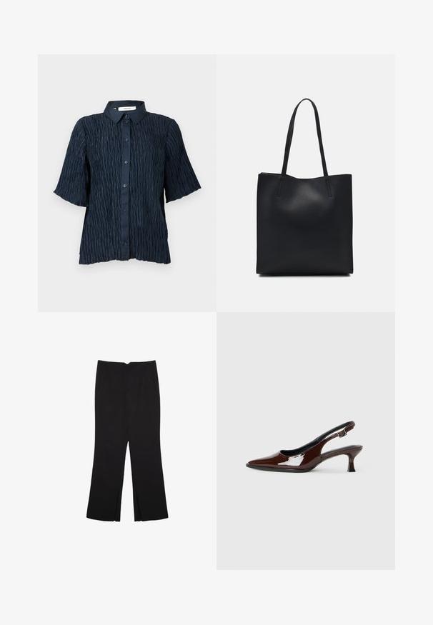 Mörkblå kortärmad skjorta med en texturerad, skrynklig yta, med knäppning framtill och en klassisk krage.; Svarta byxor med rak passform, utrustade med framfickor och sidoklyvningar vid fållen. Tillverkade av mjukt, slätt tyg. Lämpliga för olika tillfällen.; Brun lackläder slingback-sko med spetsig tå och en måttlig klack. Utrustad med en spännband för säker passform. Slät textur.; Svart lädertoffelväska med slät textur, rektangulär form och två långa handtag. Ingen synlig hårdvara eller dekorationer.