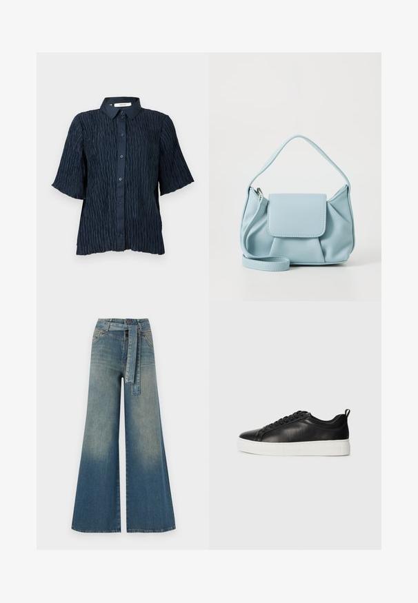 Marineblå kortermet skjorte med en teksturert, rynket overflate, med knappestolpe foran og klassisk krage.; Bredde ben jeans med en lyseblå til mørkeblå gradient, høyt liv, beltehemper og et matchende belte i samme stoff. Teksturert denimoverflate.; Sorte lær sneakers med en glat overflade, hvid gummisål, rund tå og snørelukning. Har en træksløjfe ved hælen.; Lys blå lærveske med topphåndtak, frontlomme med klaff og avtagbar håndleddsstropp på hvit bakgrunn.
