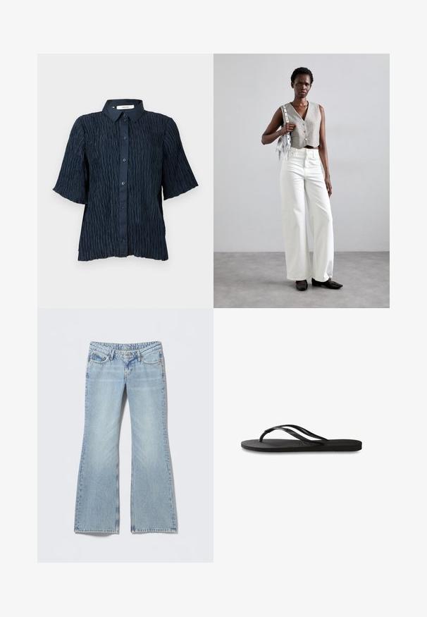 Jūras zila īsām piedurknēm krekls ar teksturētu, krunkotu virsma, ar pogu aizdari priekšā un klasisko apkakli.; Gaiši zilas zvērinātas džinsa bikses ar izbalējušu apdari, piecu kabatu dizainu un kontrastējošām šuvēm. Kokvilnas džinsa audums ar gludu tekstūru.; Melni čības ar teksturētu gumijas zoli, divām plānām siksniņām un smalku, iespiedotu logotipa detaļu uz siksniņas.; Pelēks īss vests ar pogām, apvienots ar baltām platām biksēm un melniem plakanajiem apaviem. Aksesuārs - mazs sudraba frizētājs.