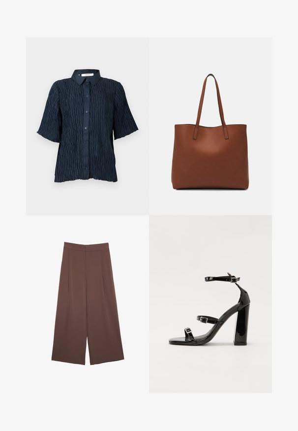 Marineblaues kurzärmeliges Hemd mit einer strukturierten, zerknitterten Oberfläche, ausgestattet mit einer Knopfleiste und einem klassischen Kragen.; Braune Weite-Leg-Hosen mit einer glatten Textur, hoher Taille und Vorderfalten. Der Stoff ist leicht und fällt locker.; Schwarze patentierte Sandalen mit Absatz, quadratischer Spitze, Knöchelriemen und silbernen Schnallen. Mit einem stabilen Blockabsatz für mehr Stabilität.; Braune Leder-Tote mit glatter Textur, offenem Oberteil und zwei Schulterriemen. Verfügt über minimale Nähte und keine sichtbaren Beschläge.