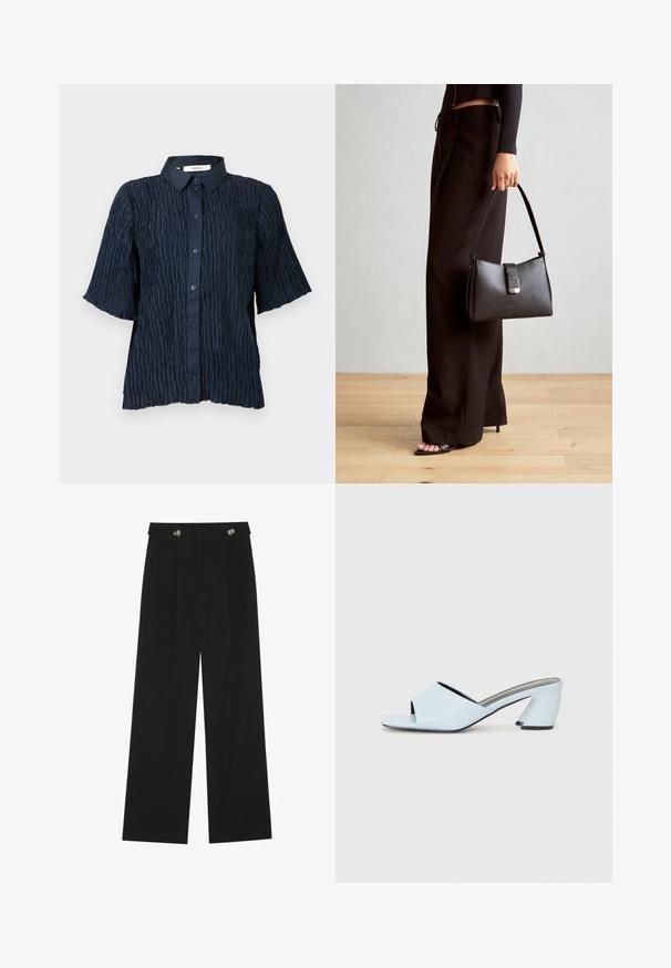 Sötétkék, rövid ujjú ing, texturált, gyűrött felülettel, gombos elülső résszel és klasszikus gallérral.; Fekete, bő szárú nadrág magas derékkal, gombos részletekkel a derékrészen és elülső pliszékkal.; Világoskék, nyitott orrú, sarkú mules cipő geometrikus mintázattal, széles pánttal a lábfejen és tömzsi, szögletes sarkal.; Fekete kézi táska strukturált formával, sima textúrával és fémből készült záródással. Széles fekete nadrággal és nyitott orrú szandállal párosítva, fából készült padlón.