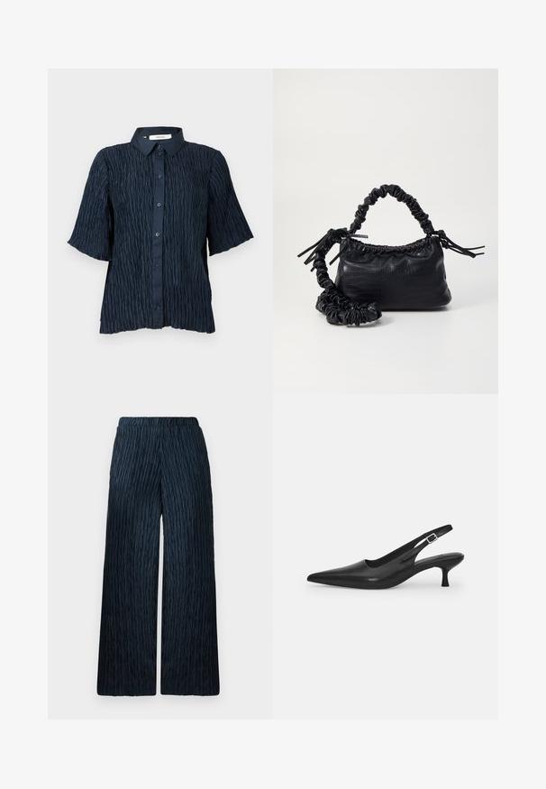 Navy blue short-sleeve shirt with a textured, crinkled surface, featuring a button-up front and a classic collar.; Wide-leg pants in dark navy with textured, crinkled fabric. Features an elastic waistband for comfort and a smooth surface.; Black leather slingback shoe with a pointed toe and a slim, curved heel. Features a discrete adjustable strap with a metal buckle.; Black faux leather handbag with a crocodile texture, cinched top, and a scrunched strap. Appears soft and compact in design.