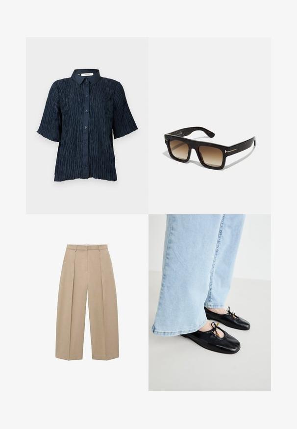 Tmavomodrá košeľa s krátkym rukávom s textúrovaným, pokrčeným povrchom, s gombíkovou prednou časťou a klasickým golierom.; Svetlosivé široké nohavice zavesené vertikálne, s prednými záhybmi a plochým pásom, predvádzajúce neutrálny a elegantný štýl.; Čierne kožené baletky s okrúhlym prstom, s výrezom a detailom mašle, nosené s svetlomodrými širokými nohavicami.; Želvovinové slnečné okuliare so štvrcovým rámom, prechodovými hnedými sklami a jemnými zlatými detaily na stranách.