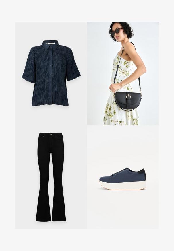 Navy blue short-sleeve shirt with a textured, crinkled surface, featuring a button-up front and a classic collar.; Black high-waist jeans with a button and zip closure, front pockets, and flared legs laid flat on a white background.; Navy blue sneaker with a textured fabric upper, white platform sole, rounded toe, and black heel accent. Features six eyelets for laces.; Black leather handbag with a curved shape, detachable strap, and gold hardware. The bag features a flap with a buckle detail.